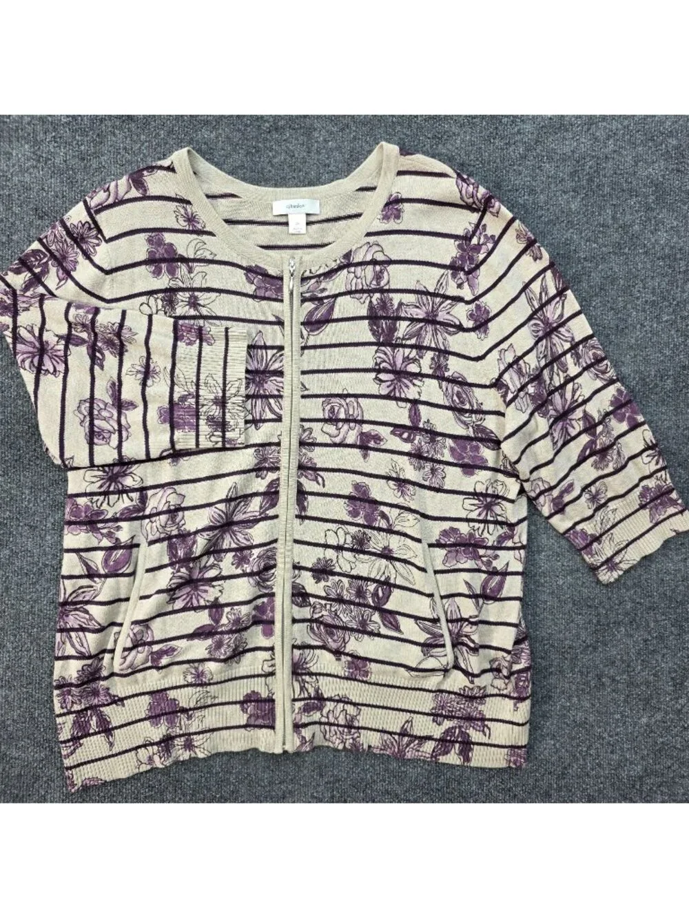 CJ Banks Floral Stripe Full Zip Cardigan 2X Cotton Purple Cottagecore Romantic
